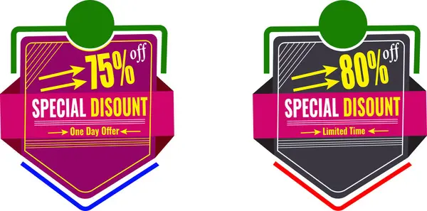 Düz dizayn mor ve yeşil kalkan stili indirim vektörü% 75 ve% 80 indirimli rozetler sunuyor