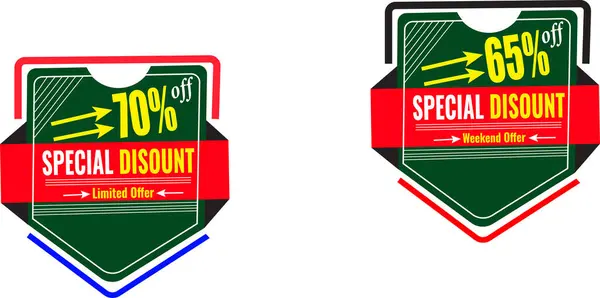 Temiz kırmızı ve yeşil indirimli vektör etiketleri% 65 ve% 70 indirimli etiket tasarımı sunar