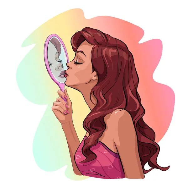 Menina Beijando Espelho Reflexão Arte —  Vetores de Stock