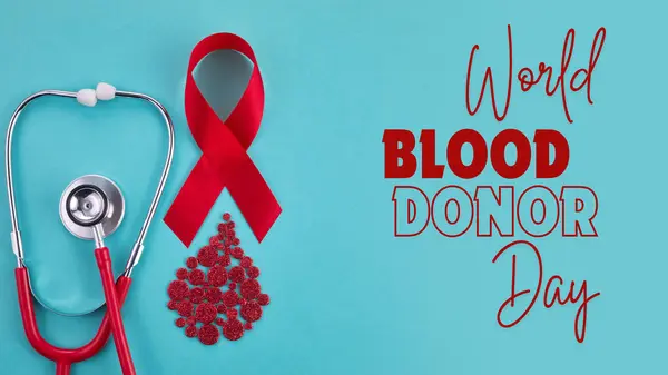 stock image WORLD BLOOD DONOR DAY - 14 JUNE - ART SHOWING AND MOTIVATING PEOPLE TO DONATE BLOOD, red with heart and greetings on one side and a motivational slogan on the other.