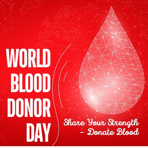 stock image WORLD BLOOD DONOR DAY - 14 JUNE - ART SHOWING AND MOTIVATING PEOPLE TO DONATE BLOOD, red with heart and greetings on one side and a motivational slogan on the other.