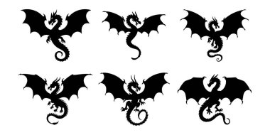  Silhouette set of Majestic Dragon vector on white background clipart