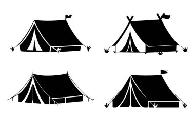 Four stylized silhouettes of camping tents in various designs. clipart