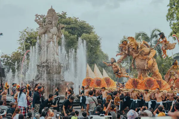 stock image Denpasar, Indonesia - March 1, 2024: Ogoh-Ogoh Parade at Kilometer Zero (KM.0) in Bali Island.