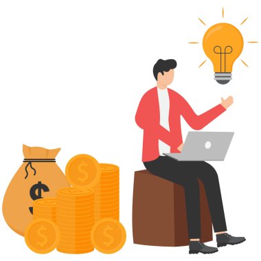 Girişimciler ya da işadamları fikirleri ve bozuk paraları olan dizüstü bilgisayarlarla otururlar..