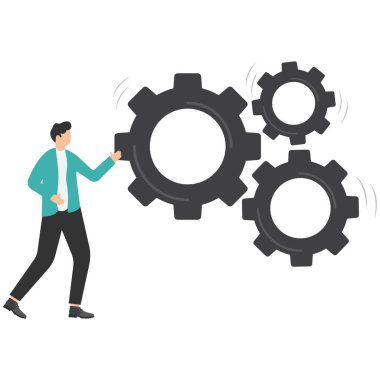 İş adamı dişlileri yerleştirdi, iş çözümleri kavramı.