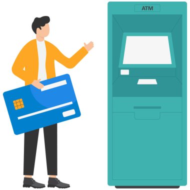 Müşteri ATM 'nin yanında duruyor ve elinde kredi kartı var. Düz biçim vektör çizimi beyaz arkaplanda izole edildi.