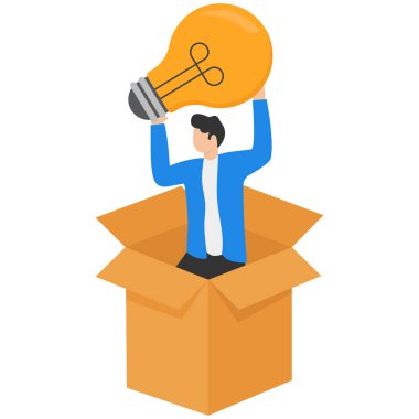 Kutuda duran ve elinde parlayan bir ampul tutan bir adam. Yaratıcı düşünme kavramı, yaratıcılık, yenilikçi fikir üretimi, anlayış, teknolojik buluş. Modern düz renkli vektör çizimi.