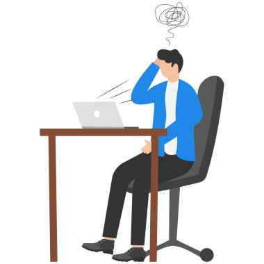 Genç bunalımlı adamlar, dizüstü bilgisayara bakıyorlar, başlarının üstünde karmakarışık bir iplik, dizüstü bilgisayar kullanan adamlar. Çalışmak, internette gezinmek, sosyal medya ve blog yazmak. El çizimi vektör çizimleri.