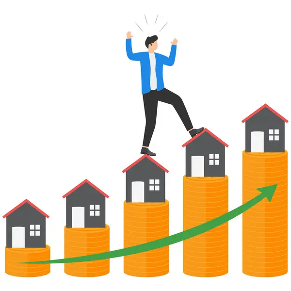 stock vector businessman homebuyer or real estate agent happy standing on rising up house and coins chart. Real estate market price rising up chart.