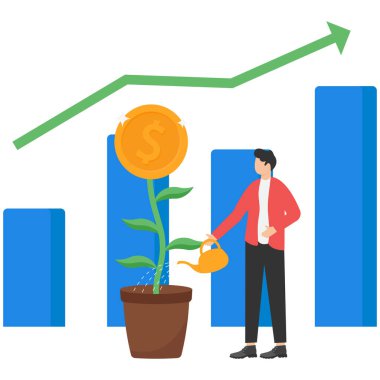 Yatırım konsepti, iş adamı ve iş büyüyen okların başarıya ulaşması. Dolar bitkisi paraları ve grafikleri. Çizelge karı artırır Finansal gerilim artıyor.