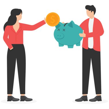 Aile çiftleri para biriktiriyor. Kadın ve erkek cam bir kavanoza para sokuyor. Finans, mevduat, ekonomi, yatırım, bankacılık, konsept için vektör illüstrasyonu.