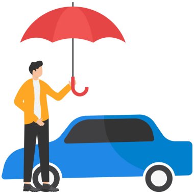 Araba sigortası, araçlar için kaza koruması, güvenlik veya sigorta hizmeti konsepti, işadamı arabası sahibi veya sigortacısı güçlü şemsiye koruması altında yeni arabasıyla ayakta duruyor.