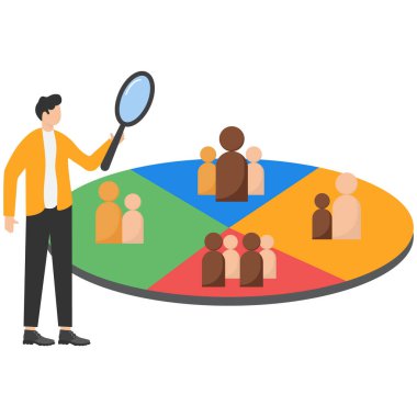 Pazarlama veya reklam için müşteri segmenti analizi, hedef kitle, tüketici veya kullanıcı grubu, hedef konsepte demografik veri veya profil, müşteri segmenti grafiğini analiz eden iş ekibi.