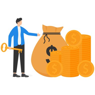 Başarılı bir işadamı ya da girişimci bir yığın madeni paranın önünde durur ve elinde altın bir anahtar tutar. Başarının anahtarı. başarı gizli konsept.