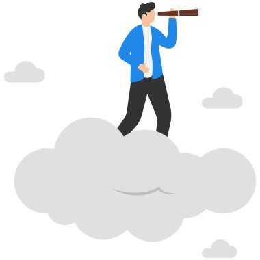 Teleskopla ileriye bakan iş adamı bulutları uçuyor..