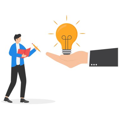 Uzmanlardan bilgi almak, kariyer geliştirmek için deneyim kazanmak, kavramları öğrenme eğilimi. Dev el, iş adamlarının öğrenmesi için parlak bir ampul gösteriyor..