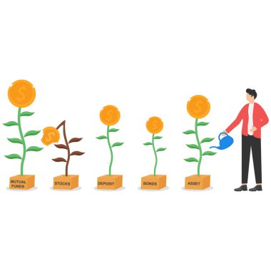 Yatırım riskinin çeşitlenmesi, zenginliğin korunması, ekonomik durgunluk veya finansal kriz sırasında ayakta kalmaya yetecek kadar para veya varlığa sahip olmak. İşadamı çeşitli madeni para santralleri yetiştiriyor..