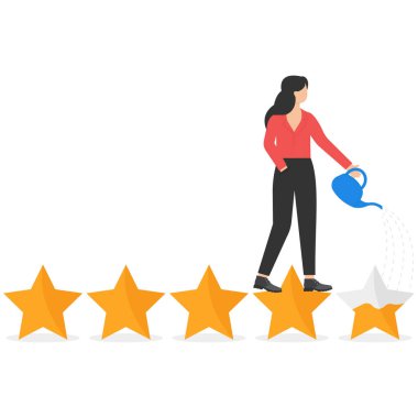 Müşterilere daha yüksek yıldız puanı, iş itibarı konsepti verecek pazarlama stratejileri geliştirmek. 5 yıldızlı kredi notu artışı metaforunu gerçekleştirmek için sulayan iş kadını.