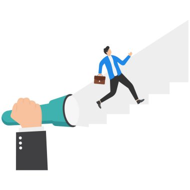 Çalışan kariyerinde ilerlemeyi desteklemek için akıl hocalığı, başarı için rehberlik, iş kavramında teşvik. Patron, çalışanlara başarı basamakları yaratmak için el fenerini açıyor..