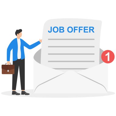 İş e-postası, göz alıcı kişilere kariyer olanağı sağlayan şirket, online iş ilanı konsepti. Açılmış işe bakan işadamı e-posta gönderiyor.