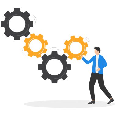 Efficient workflow, optimization of working process, productivity development concept, Businessman arranging gear or cogwheels as ticked symbol.