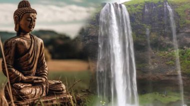 Buda heykeli şelale lotusu göleti