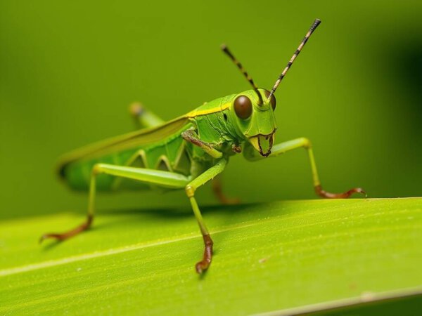 This detailed macro photograph captures a bright green grasshopper perched on a leaf, set against a lush green background. The striking colors and fine textures bring out the natural beauty and intricate features of the insect, 