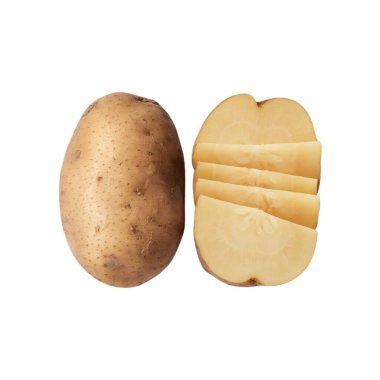 photo of sliced potatoes and one intact potato, arranged aesthetically. Can be used as graphic design clipart