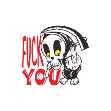 Illustration of a devil skull carrying a sword with the words fuck you written on it