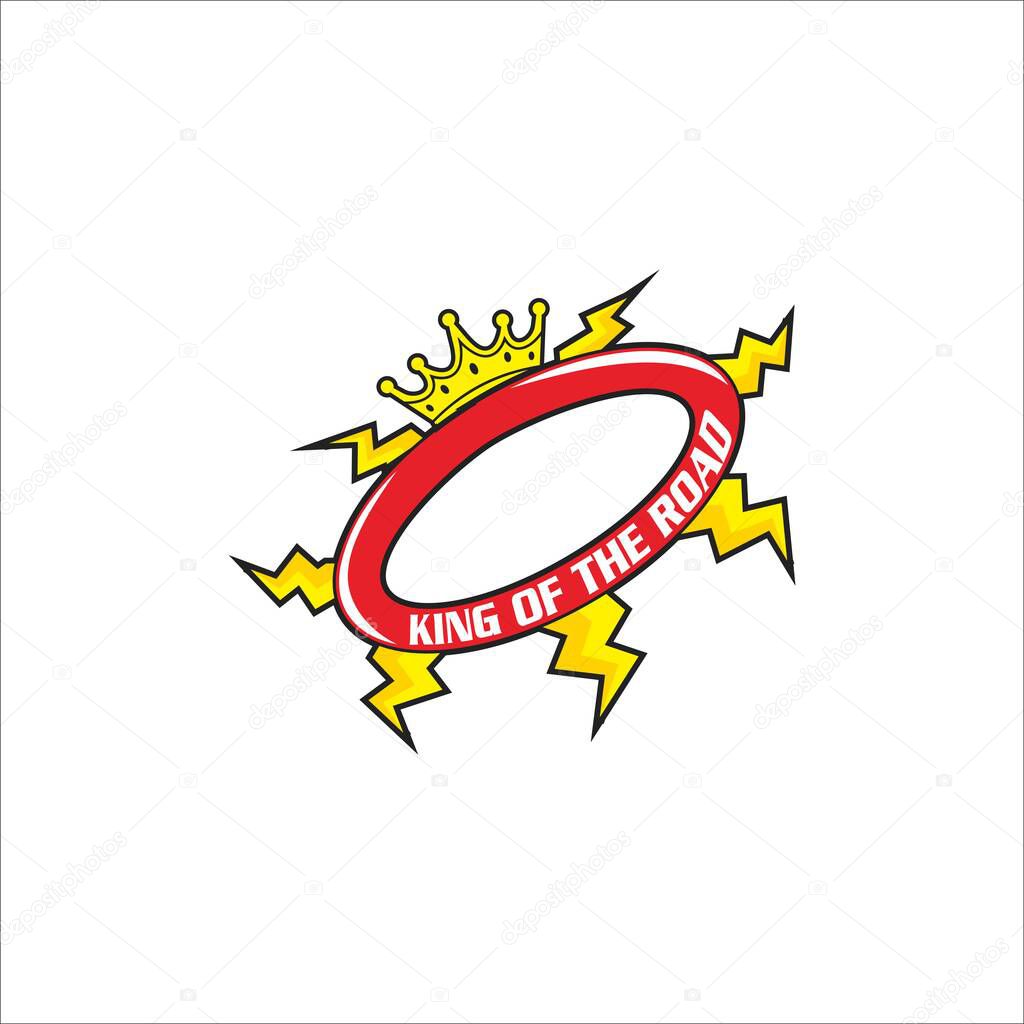 Bold emblem design featuring a red ring with the text 