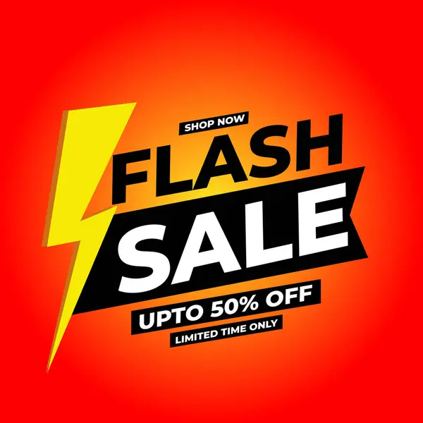 Flash Satış promosyon etiketleri. % 50 indirimli teklif mağazası şimdi kırmızı arkaplan ile illüstrasyon.