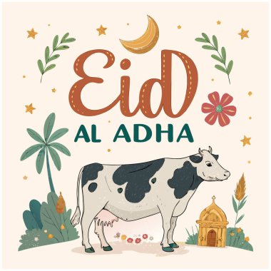 Bayram Mübarek Kutlama Vektörü: İslami Festival Tasarımı Kutlaması İnek İneği