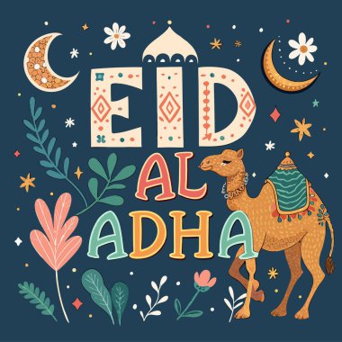 Kurban Bayramı Mübarek Kutlama Kartı Vektörü: 124; Çiçekler, Fener ve Deve İslami Festivali Tasarımı