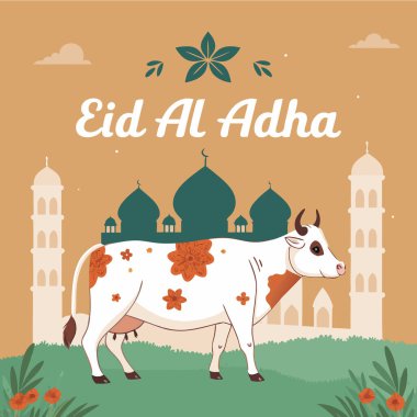 Kurban Bayramı Mübarek Tebrik Kartı Vektörü (İnek Resimleri İslam Festivali Tasarımı)
