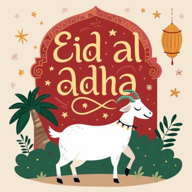 Kurban Bayramı Mübarek Tebrik Kartı Vektörü (124- Beyaz Keçi ve Fener İslami Festivali Tasarımı)