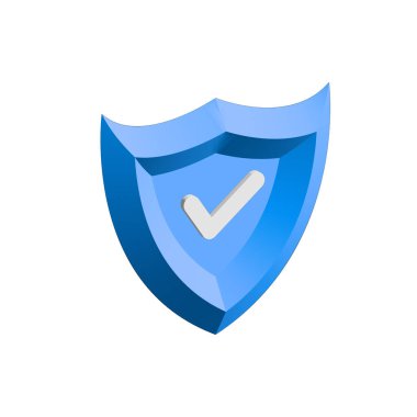 Mavi Tik Kalkanı 3D Simge Vektörü Güvenlik ve Doğrulama için Beyaz Arkaplanda izole edildi