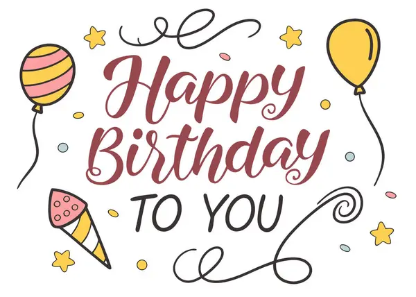 Renkli Mutlu Yıllar Sana El Yazısıyla Yazılı Kaligrafi Vektörü Beyaz Arkaplanda Balonlar, Konfeti ve Yıldızlar