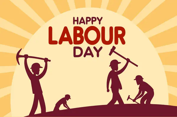 İşçilerin Silueti İşçi Bayramı Mesajı ve Günışığı Arkaplanı ile Araç Yükseltiyor