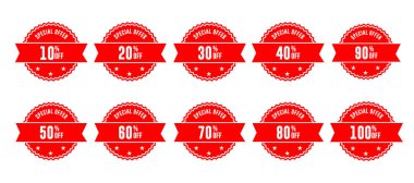  % 10 ila% 100 indirimli Kırmızı Özel Teklif Vektörü (124); İndirim Rozeti Beyaz Arkaplanda İzole Edildi