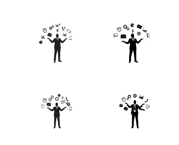 İşadamı Simgelerle Hokkabazlık Yapıyor Siluet Çoklu Görev ve Üretim Vektörü