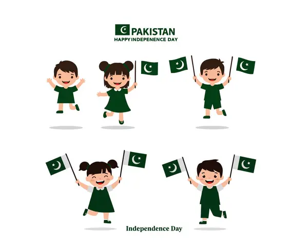 14 Ağustos Bağımsızlık Günü için Pakistan Bayraklarında Düz Vektör Simgesi sallayan Neşeli Çocuklar