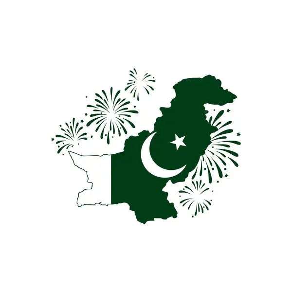 Bayrak Renkleri ve Havai fişekli Pakistan Haritası 14 Ağustos Bağımsızlık Günü Vektörü