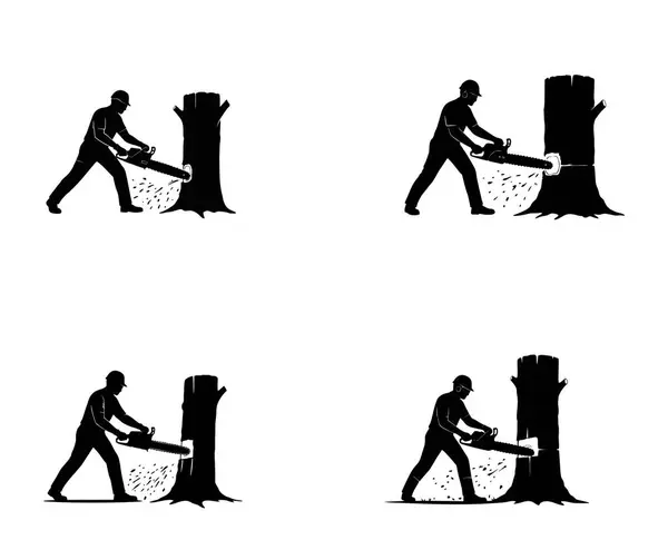 Elektrikli testere Ağaç Gövdesini Kesen İşçi Silueti Kütük ve İşçi Günü Vektörü