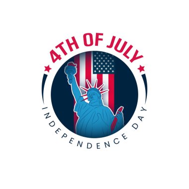 Özgürlük heykeli ve Amerikan bayrağıyla 4 Temmuz amblem tasarımı