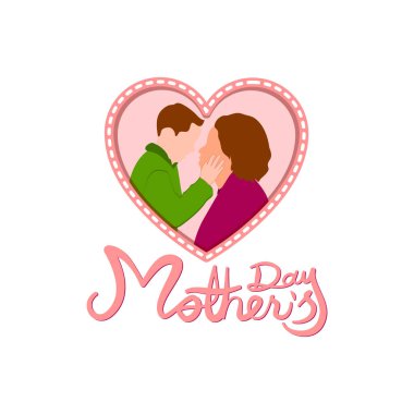 Kalp şeklinde Anneler Günü tebrik kartı, Anne ve Oğul, Vektör illüstrasyonu