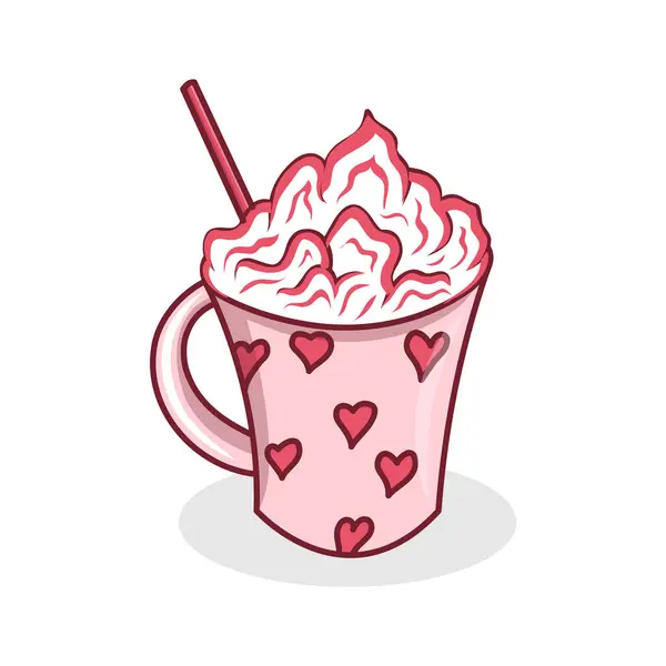 stock vector Pink Ice Cream Mug with straw, Valentine's Day, Whipped Cream, Heart