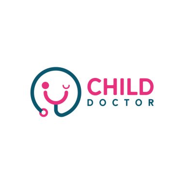 Steteskoplu ve gülümseyen bir çocuk doktor logosu.