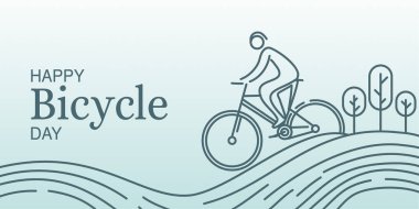 Mutlu Bisiklet Günü Vektörü: Çizgi Sanat Bisikletçisi, Soyut Peyzaj, Minimalist Tasarım