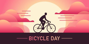 Bisiklet Günü Vektörü: Günbatımı Sürücüsü, Silüet Bisikletçisi, Gradyan Gökyüzü